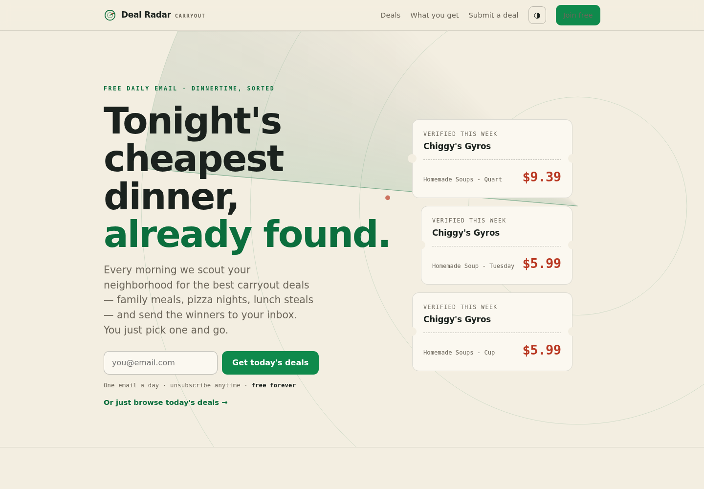 Carryout Deal Radar — marketing home page with live top deals