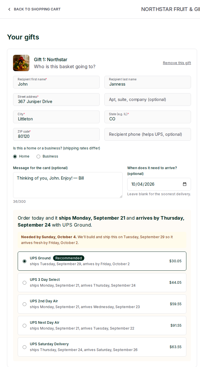 GiftBench checkout: each gift gets its own recipient, card message, arrive-by date and delivery quote